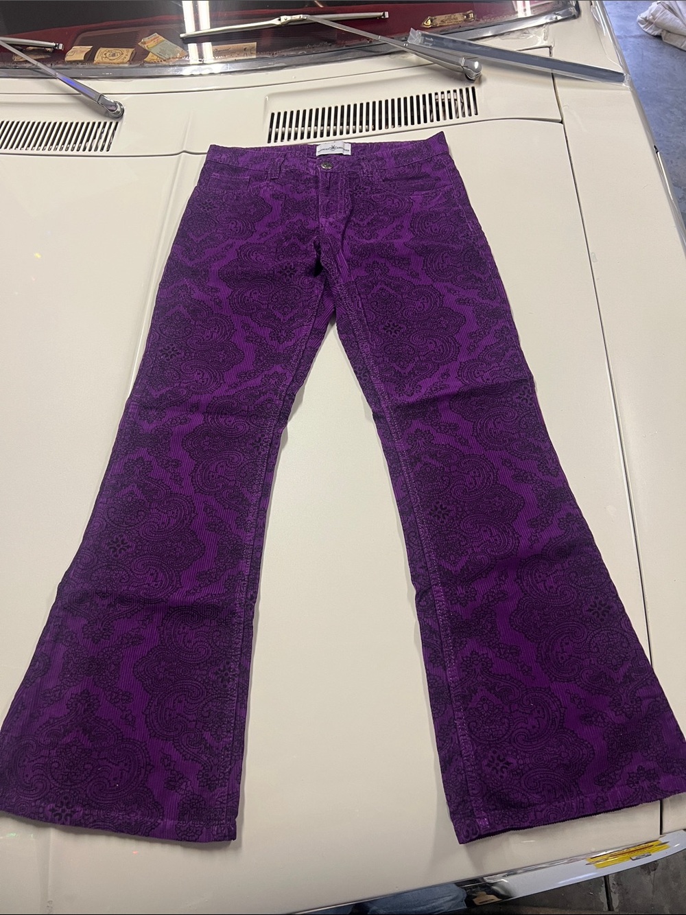 Mens Madcap England Killer Paisley 70s Cord Flares in Purple, New, Unworn 30x32